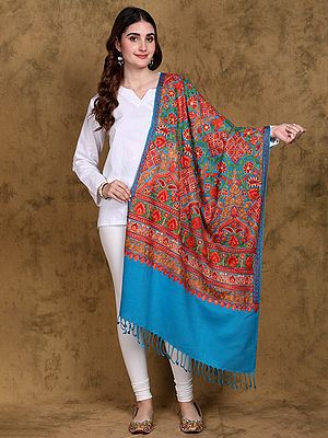 Hawaiian-Ocean Jamawar Stole from Kashmir with Aari Embroidered Flowers