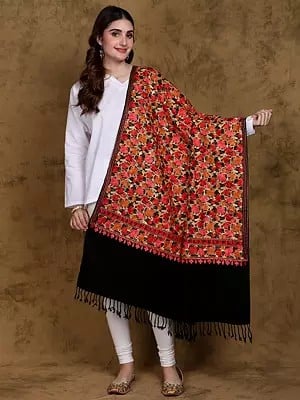 Pirate-Black Floral Aari Embroidered Shawl from Kashmir