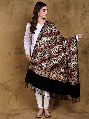 Jet-Black Kashmiri Shawl with Aari Embroidered Leaf Vines