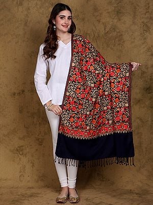 Estate-Blue Wool Shawl from Kashmir with Floral Jaal Aari Embroidery in Multicolor