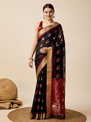 Weaving Work Cotton Soft Silk Casual Wear Saree With Striped Pallu And Blouse