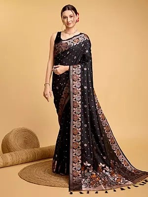 Pure Jacquard Zari Work And Floral Border Party Wear Saree With Blouse For Festival Occasion