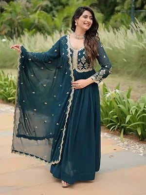 Dark-Blue-Grey Sequins & Zari Embroidered Work Fancy Gown With Matching Dupatta