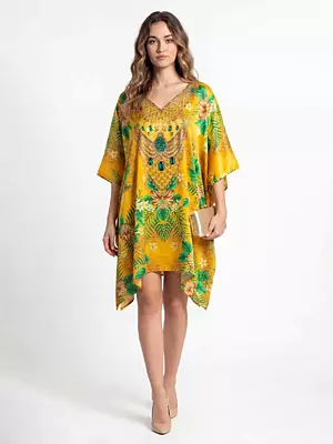 Yellow Silk Kaftan Dress with Baroque Tropical Print