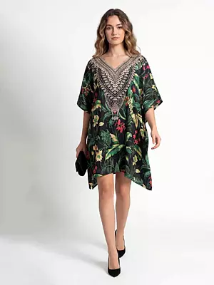 Dark Green Feather Silk Kaftan Dress with Multi-Color Royal Prints