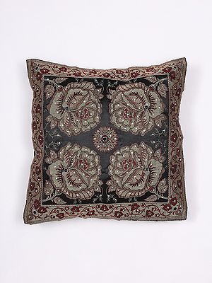 Black-Onyx Floral Woven Cushion Cover with Sequins Work