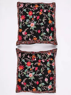 Set of Two Cushion Covers from Kashmir with Floral Ari Embroidery