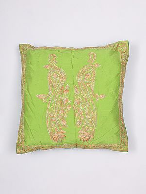 Macaw-Green Aari Embroidered Paisleys Cushion Cover from Kashmir