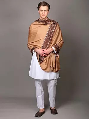 Wool Shawl with Zari Thread Embroidered Border Paisley and Corners from Punjab