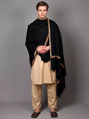 Plain Kashmiri Shawl with Sozni Hand-Embroidery on Border for Men