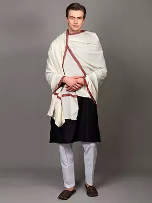 Plain Kashmiri Shawl with Sozni Hand-Embroidery on Border fro Men