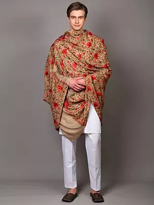 Men's Shawl from Amritsar with Aari Embroidered Flowers in Multicolor