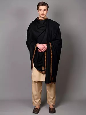 Kashmiri Shawl with Floral Sozni Hand-Embroidered Border and Paisley on Corners