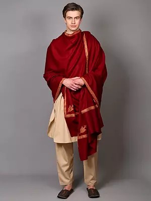 Kashmiri Shawl with Floral Sozni Hand-Embroidered Border and Paisley on Corners