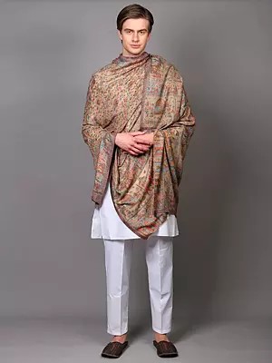 Floral Woven Jamawar Shawl with Procession of King Patterns Border from Amritsar