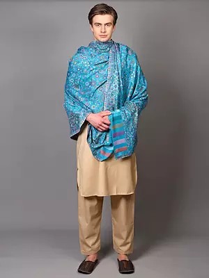 Wool Shawl for Men with All-Over Woven Flowers and Paisleys from Amritsar