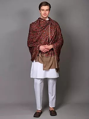 Pure Wool Diamond Weave Shawl from Kashmir with Intricate Heavy Thread Embroidered Paisley and Flowers