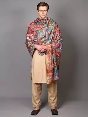 Kalamkari Embroidered Shawl with Mughal Emperor Motifs from Amritsar