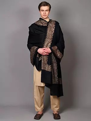 Pure Wool Shawl with Aari Embroidered Paisleys on Border from Punjab