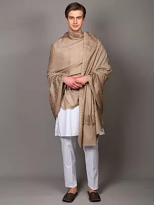 Pure Wool Shawl with Aari Embroidered Paisleys on Border from Punjab