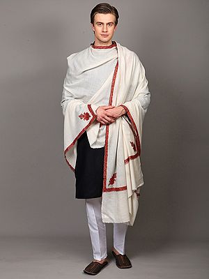 Pure Wool Kashmiri Shawl for Men with All-Over Diamond Weave and Sozni Hand Embroidered Border