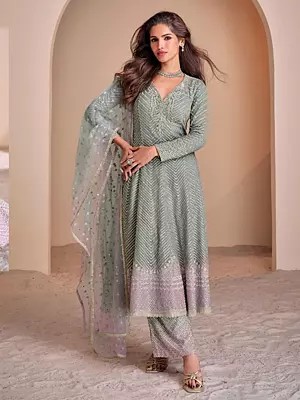 Women's Georgette Suit With Matching Bottom And Net Dupatta Heavy Thread Sequin Dori Embroidery For Party Wear