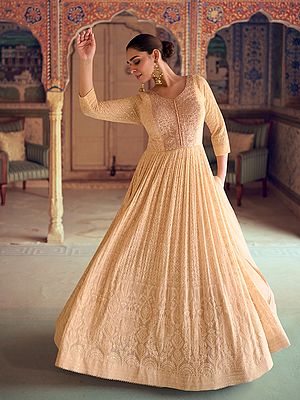 Beautiful Beige Georgette Anarkali Suit With Rich Thread Sequin Chikankari Detailing For Elegant Party And Reception Wear