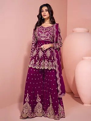 Georgette Sharara Suit With Heavy Thread Sequin Embroidery For Glamorous Sangeet Mehendi And Wedding Functions