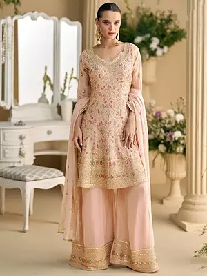Light-Pink Georgette Peplum Style Suit With Delicate Floral Thread Sequin Embroidery For Wedding And Mehendi Functions