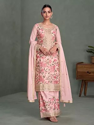 Pink Chinon Long Straight Suit With Matching Bottom And Intricate Multi Thread Embroidery For Festive And Party Wear