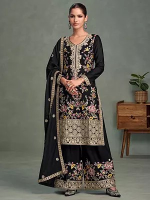Black Chinon Long Straight Suit With Bottom And Rich Multi Thread Embroidery For Reception Evening And Festive Events