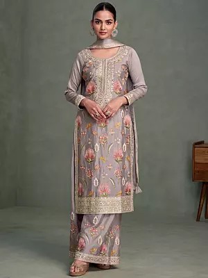 Grey Chinon Long Straight Suit With Bottom Featuring Elegant Multi Thread Embroidery For Wedding And Festive Functions
