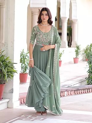 Faux Blooming Gown Heavy Sequins And Multithreaded Beads Embroidery With Dupatta Stylish Floor Length Dress