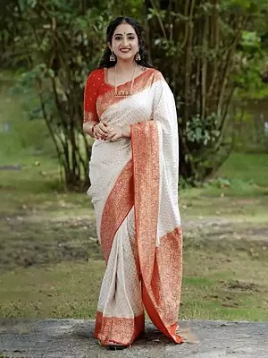 Orange-White Soft Lichi Silk Saree With Beautiful Rich Pallu And Designer Jacquard Weaving For Elegant Traditional Functions
