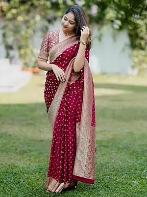 Maroon Soft Lichi Silk Saree With Beautiful Rich Pallu And All Over Jacquard Weaving Work For Festive Celebrations