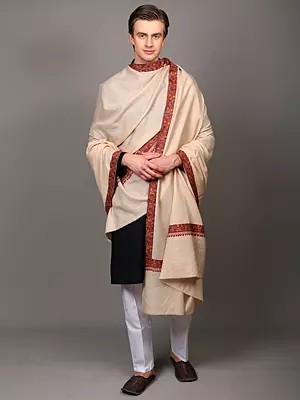 Pure Wool Men's Shawl from Kashmir with Floral Sozni Hand Embroidered Border