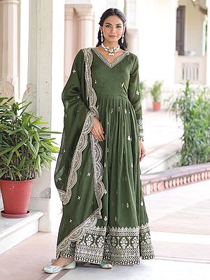 Vichitra Silk Designer Gown With Rich Sequins And Zari Embroidered Work Gown Set For Festive Party And Wedding Wear