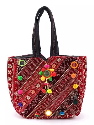Patchwork Shopper Bag from Kutch with Zari-Mirror Embroidery and Pom Poms