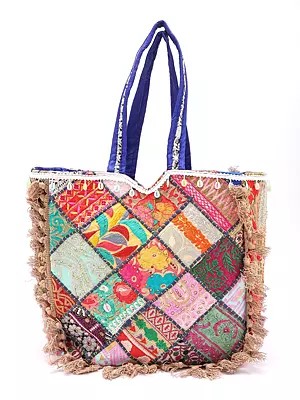Patchwork Embroidered Shopper Bag from Kutch with Cowrie Shell and Beads work