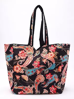 Shopper Bag with Printed Multicolor Paisleys and Zipper Closure