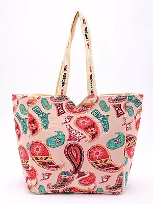Shopper Bag with Printed Multicolor Paisleys and Zipper Closure