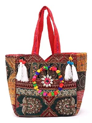 Multicolor Patchwork Zari-Sequins Embroidered Shoulder Bag from Kutch with Tassels and Cowrie Shell