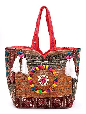 Multicolor Patchwork Zari-Sequins Embroidered Shoulder Bag from Kutch with Tassels and Cowrie Shell