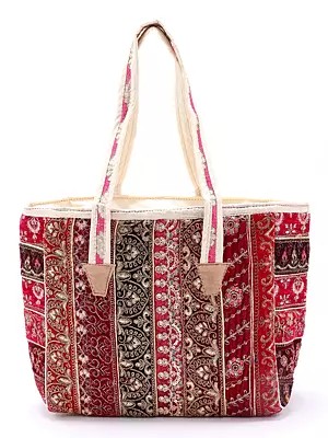 Patchwork Shoulder Tote Bag from Kutch with Floral Zari Embroidery