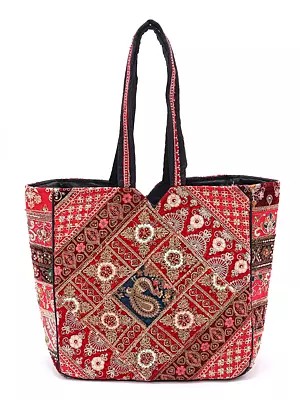 Patchwork Shoulder Bag with Bead-Sequins Embroidered Floral Paisleys from Kutch