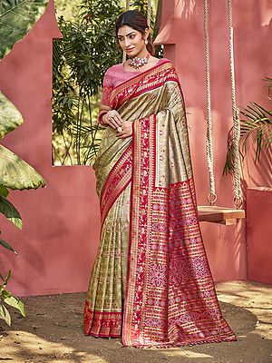 Kanjivaram Silk Saree Traditional South Indian Weaving All Over Zari Pattern Wedding And Festive Wear Saree Set