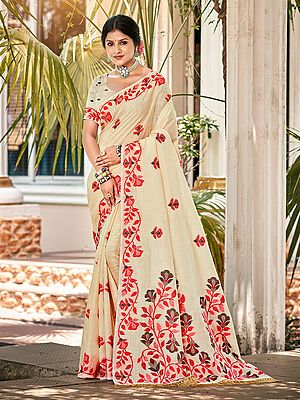 Women's Linen Saree With Intricate Floral Embroidery Suitable For Festive Party And Everyday Ethnic Wear