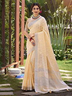Graceful Woven Geometric Pattern Saree In Soft Linen Ideal For Office Wear Festive Occasions For Women