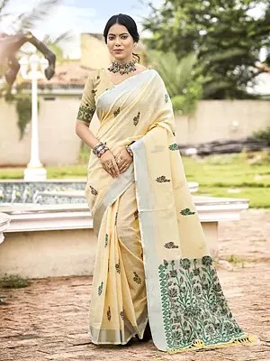 Floral Linen Saree With Contrast Border Ideal For Festive Functions Office Wear And Everyday Styling For Women