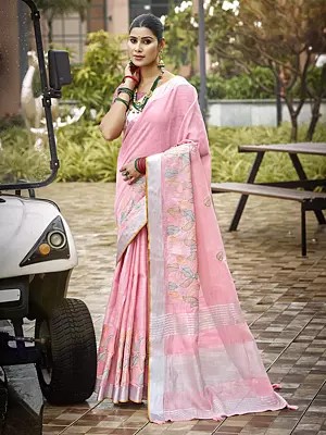 Women's Leaf Motif Linen Saree With Subtle Woven Design Perfect For Office Festive Gatherings And Everyday Wear